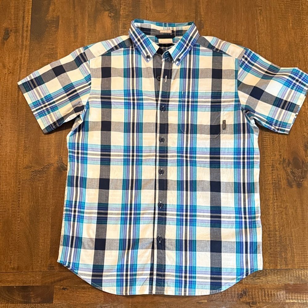 Columbia  Blue Plaid Button Down Short Sleeve Shirt